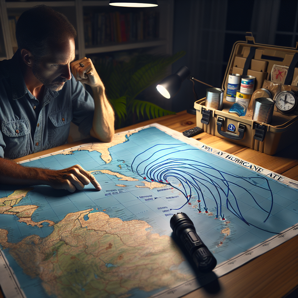 A detailed map of the Caribbean spread out on a wooden table under a soft light. Marked on the map are the primary hurricane paths, drawn in vibrant blue. Nearby, on the table, is a survival kit containing important safety items: a rugged flashlight, a portable weather radio, canned food, and a first-aid box. A Caucasian male in his 40s is studying the map with a serious expression, his hand hovering over the hurricane paths, ready to strategize a contingency plan. The background subtly hints at a storm approaching, with dark clouds rolling in the distance.